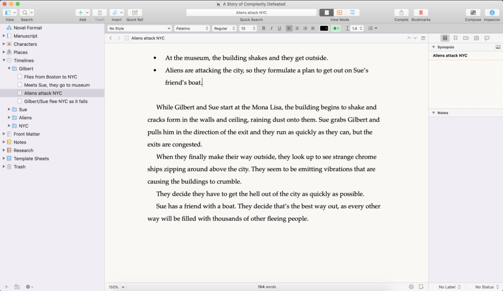 Scrivener timeline bullets